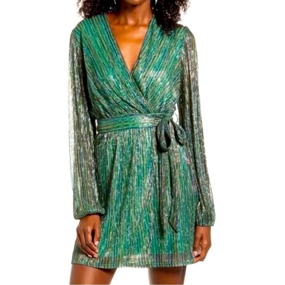 4SI3NNA Sienna Green Multicolor Metallic Wrap Mini Dress - Medium - New with tag